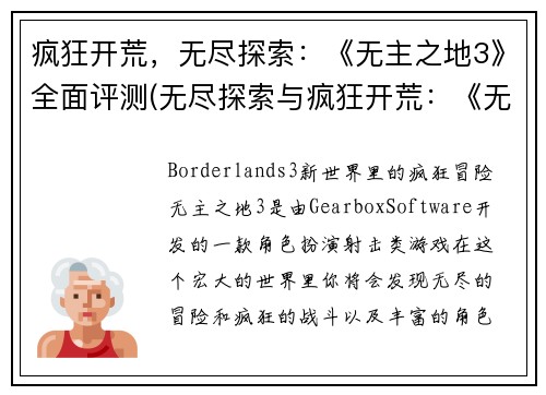 疯狂开荒，无尽探索：《无主之地3》全面评测(无尽探索与疯狂开荒：《无主之地3》全面评测续篇)