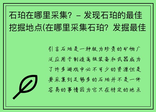 石珀在哪里采集？- 发现石珀的最佳挖掘地点(在哪里采集石珀？发掘最佳挖掘地点！)